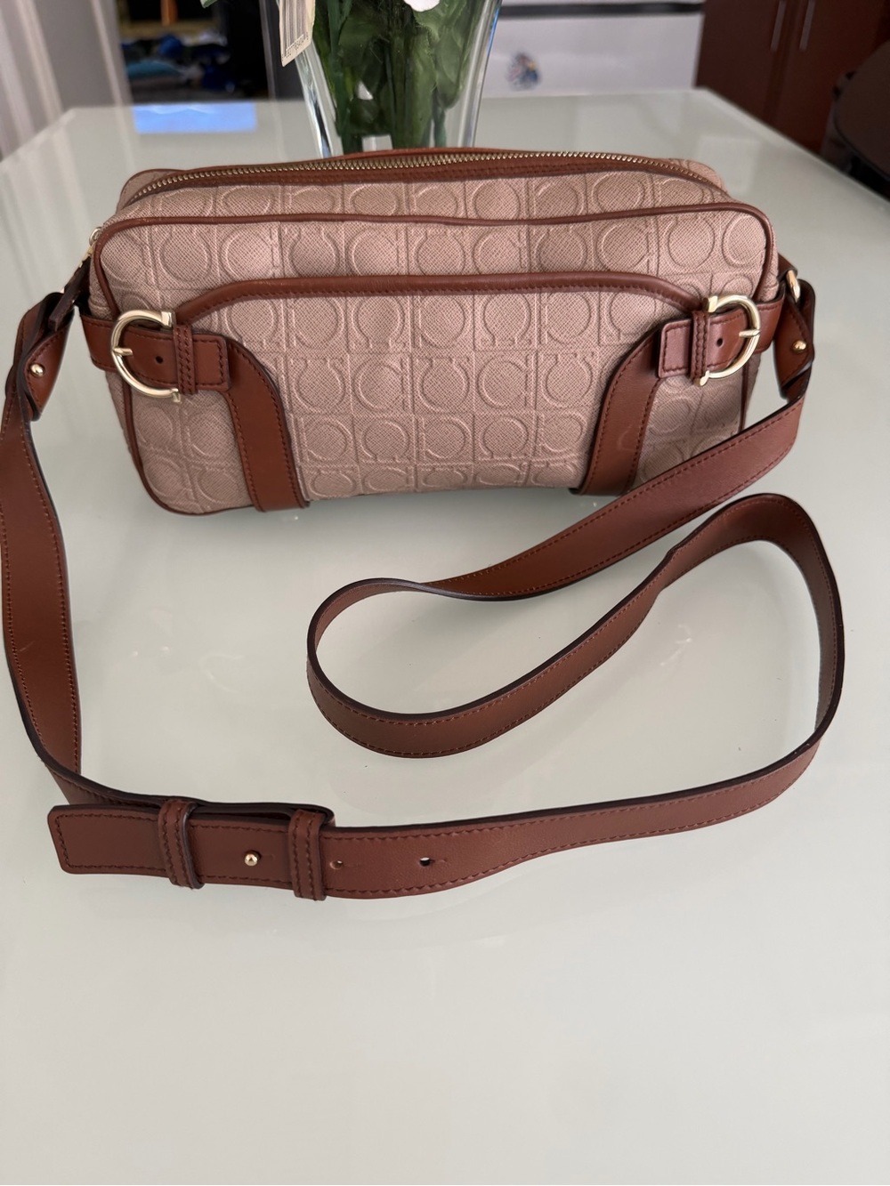 Salvatore Ferragamo Blush Pink Quilted Crossbody with Brown Leather Trim.EUC
